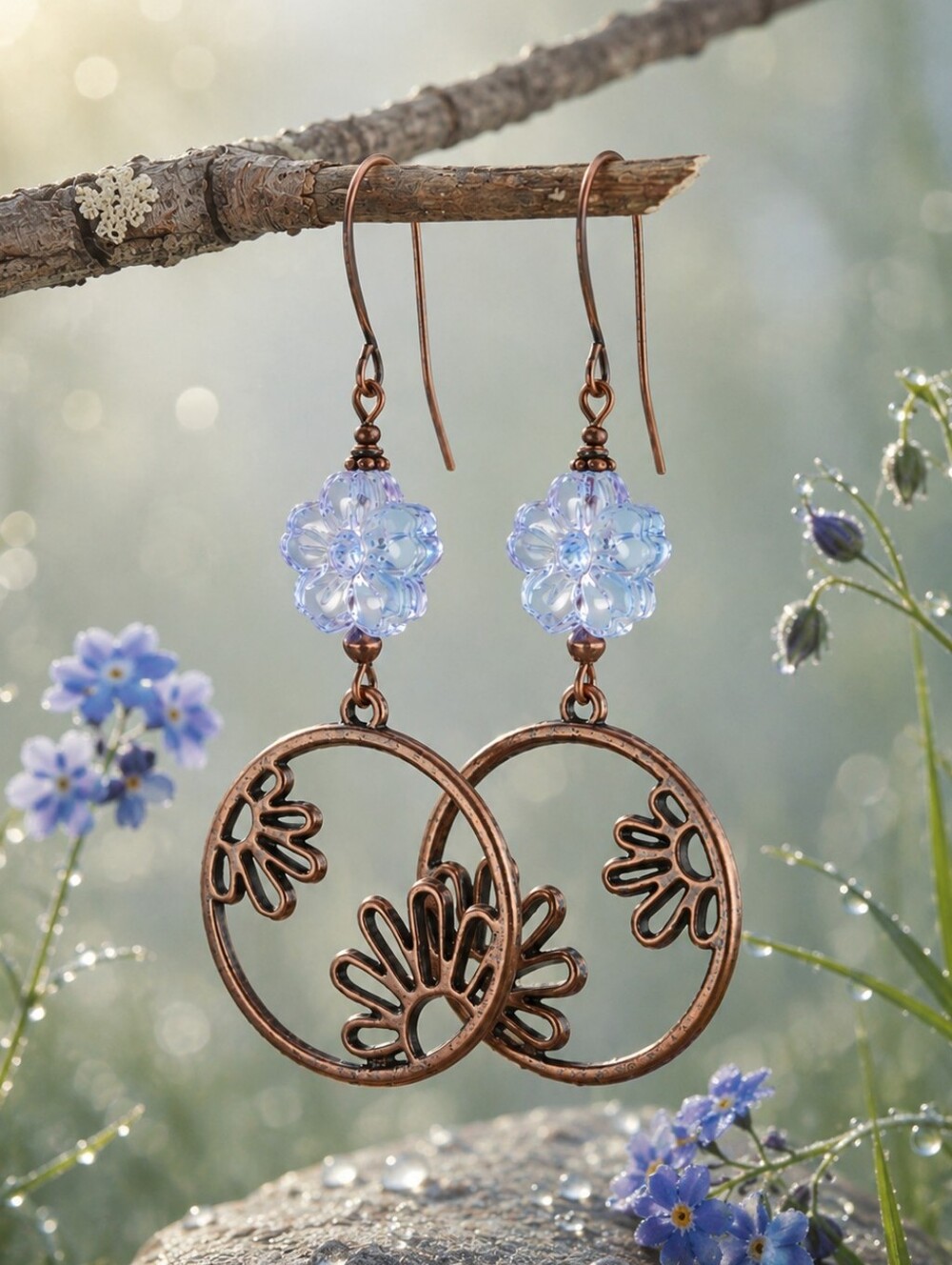 Copper Floral Hoop Earrings Czech Glass Blue Flower Boho Garden Hand Crafted